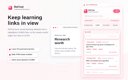 ReFind - AI Bookmark Manager :: Import browser bookmarks, save web pages in one click, and quickly search your saved knowledge.