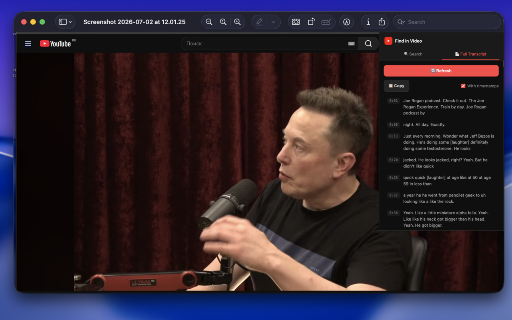 Find in Video — Search YouTube :: Search any word or phrase inside YouTube videos and jump to the exact moment. Copy or export the full transcript with timestamps.