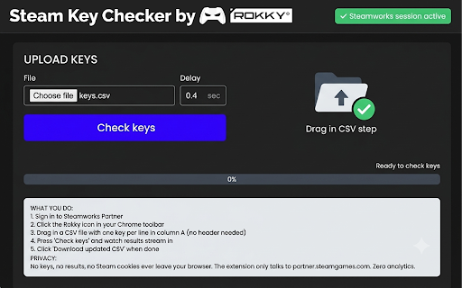 Rokky — Steam Key Checker :: Bulk check Steam CD keys: upload CSV, see activation date and which Steam account activated it. Works via Steamworks Partner.