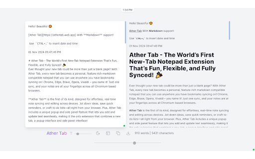 Ather Tab - Synced Notes in Tab, Popup and Side Panel :: The world's first notepad that works in both your browser's new tab and as a pop-up window.