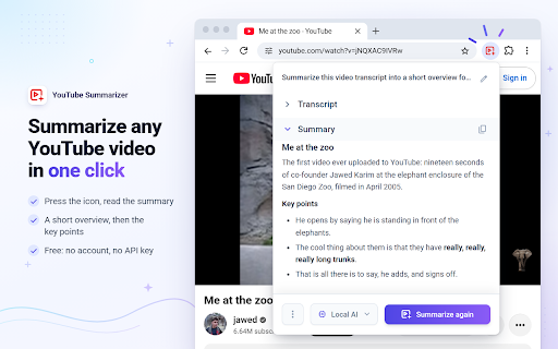 YouTube Summarizer: AI Video Summary & Transcript, Free, No API Key :: Free AI YouTube summaries and transcripts. Private on-device AI, or send to ChatGPT, Gemini or Claude. No API key, no sign-up.