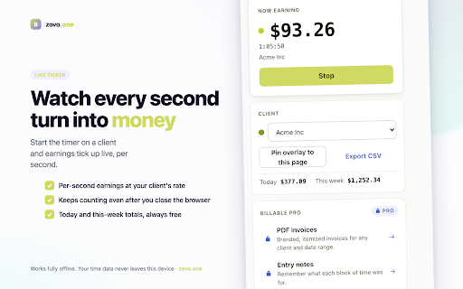 Billable · Time Tracker & Invoices :: Track billable hours per client and watch earnings tick up live. CSV timesheets, PDF invoices. No account.