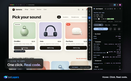 GetLayers :: Inspect & copy CSS, Tailwind, colors, fonts, assets from any element. Design tool for developers & designers.