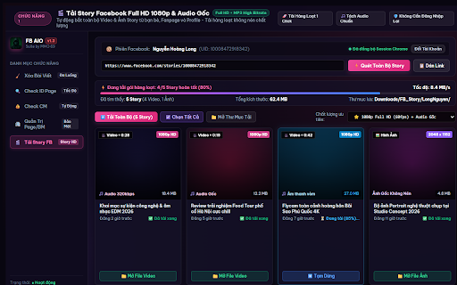 FB AIO - Automation Suite :: All-in-one Facebook toolkit: bulk story downloader, post & photo cleaner, UID resolver, monetization auditor, and asset manager.