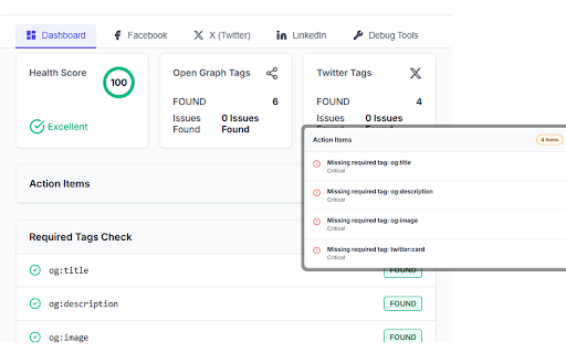 Social Share Preview and Debugger :: Preview & debug how pages appear on Facebook, Twitter/X, LinkedIn. Detect duplicate tags & missing social metadata instantly.