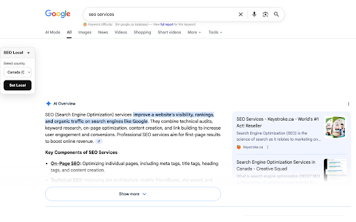 SEO Local SERP Switcher :: Google SERP-only: country switcher (gl) + organic result numbering.