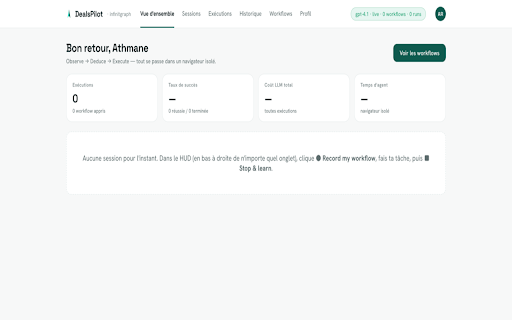 DealsPilot :: Watches what you do across your browser, learns your workflow, and replays it for you — no site credentials, just your browser.