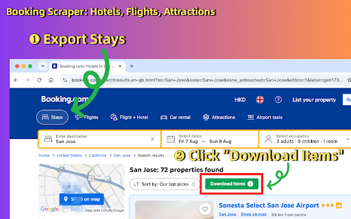 Booking Scraper: Hotels, Flights, Attractions :: Extract Booking.com hotel, flight, and attraction search results across multiple pages. Export to CSV, Excel (XLSX), or JSON.