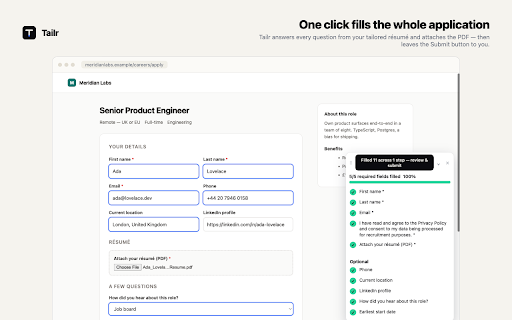 Tailr — Apply with your tailored résumé :: Carry your Tailr-tailored résumé straight into the job application.