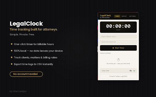 LegalClock – Attorney Time Tracker :: One-click billable hour tracking for attorneys. Track time, see leakage, bill more. Free by Wacmediya.