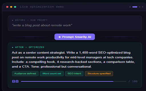 Prompt Smartly AI — AI Prompt Optimizer :: Optimize any AI prompt instantly. A floating Prompt Smartly AI button appears on ChatGPT, Claude, Gemini and more.