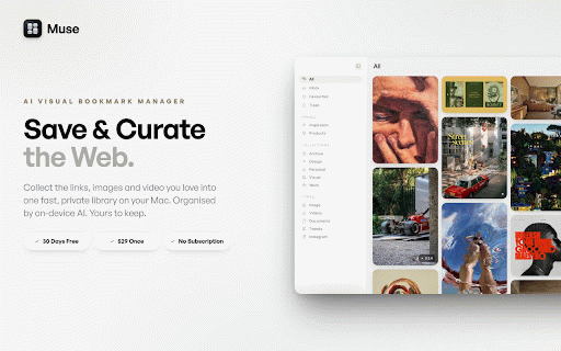 Muse :: Save anything on the web to your Muse library with a right click or the in-page clipper.