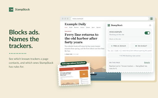 StampStack — Ad & Tracker Blocker :: Blocks ads and trackers. See which known trackers a page contacts, hide anything with a click, and keep blocking on if sites break.