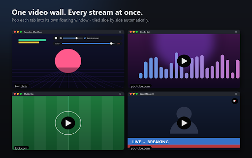 Video Wall :: Pop videos out of their tabs into clean floating windows and tile them side by side - your own multi-stream video wall.