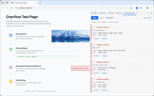 Overflow Finder - CSS overflow debugger for DevTools :: Find which DOM elements are causing horizontal or vertical overflow. Adds an Overflow Finder tab to Chrome DevTools.