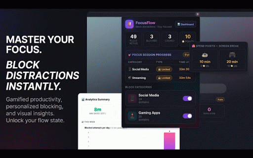 FocusFlow :: Block distractions with timed locks, tasks/points, schedules, and analytics.