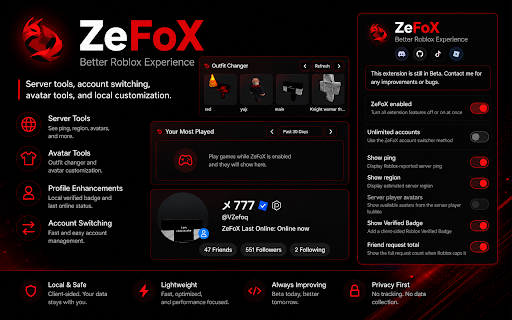 ZeFoX :: Enhance your Roblox experience with ZeFoX. Add server tools, account switching, avatar tools, and local display features.