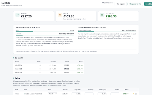 NetSold — Profit & Tax Tracker for Vinted :: Track true profit on your Vinted sales and HMRC reporting thresholds. Unofficial: not affiliated with Vinted.