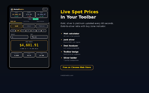MetalMetric — Precious Metals Toolkit :: Live gold, silver & platinum spot prices with melt calculators, junk silver calculator, and deal analyzer. Built for stackers.