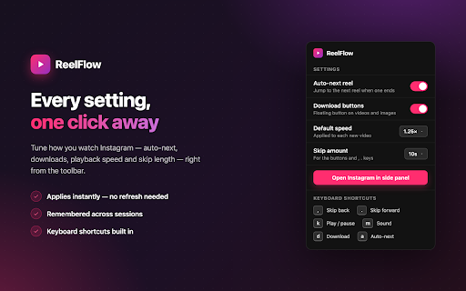 ReelFlow — Video Controls & Downloader for Instagram :: Seek bar, playback speed, skip, auto-next and one-click downloads for Instagram Reels and posts, plus a side panel player.