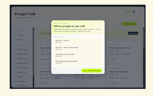 Prompt Vault™ :: Your AI prompt library. Save, organize, and inject reusable prompts into ChatGPT (Gemini coming).