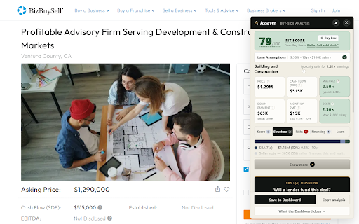 Assayer: SBA Deal Analysis for Business Buyers :: Assay business-for-sale listings: multiples, SBA capital stack, DSCR, and a fit score against your own buy box. Free.