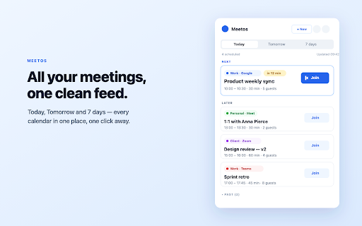 Meetos :: A unified meeting timeline with one-click join across Google and Microsoft calendars.