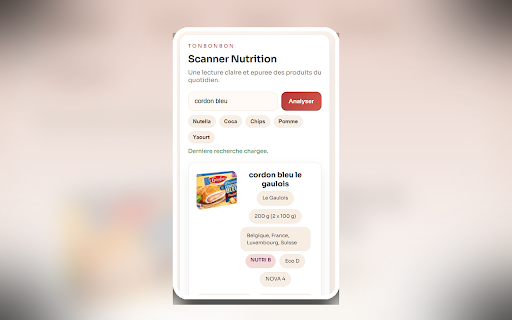 Scanner Nutrition :: Consulte les infos nutritionnelles d'un aliment grace a OpenFoodFacts. Une extension proposee par tonbonbon.fr.