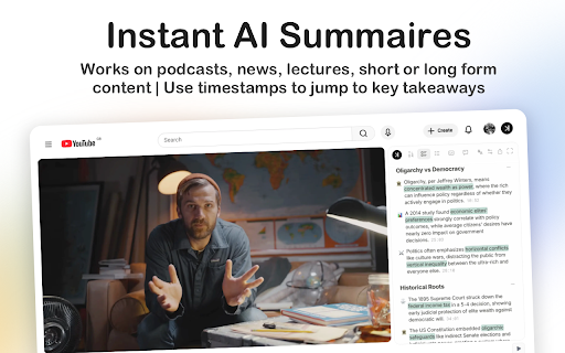 YouTube Video Summarizer & Transcript | AI Chat :: Summarize YouTube videos with AI. Get transcripts, timestamped outlines, actionable to-dos and AI chat, all without leaving YouTube.