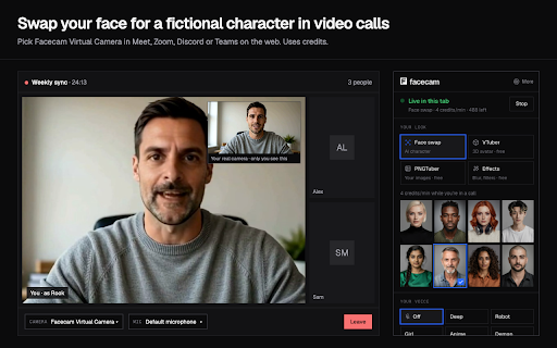 Facecam: AI Virtual Camera & Voice Changer for Meet, Zoom, Discord :: Live AI filter, face swap, voice changer and soundboard for Meet, Zoom and Discord in Chrome. Free voices and VTuber. No GPU needed.