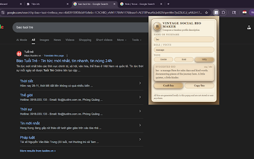 Vintage Social Bio Maker :: Create classic, vintage-style social media bios directly in your browser popup.