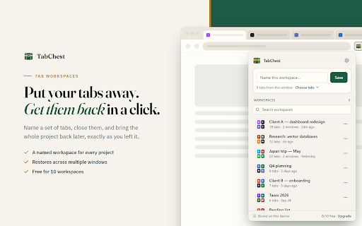 TabChest :: Save and restore tab workspaces. Your data stays on your device.