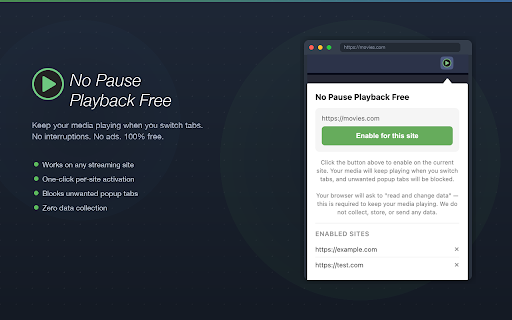 No Pause Playback Free :: Prevents websites from pausing audio/video when you switch tabs and blocks unwanted popup tabs. Enable per site with one click.