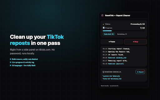 ResetTok — TikTok Repost Cleaner :: Bulk-remove your TikTok reposts in controlled batches — no password, runs locally.