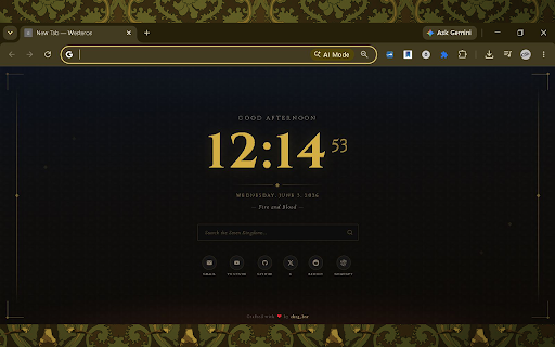 Game of Thrones — Dark Fantasy New Tab :: A regal, dark fantasy new tab page inspired by the world of Westeros. Gold against darkness, fire and ice.