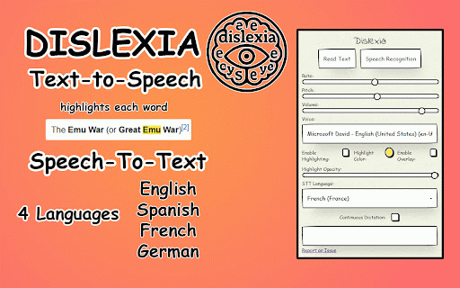 Dislexia :: A Chrome extension to assist users with dyslexia by providing TTS and STT functionalities.
