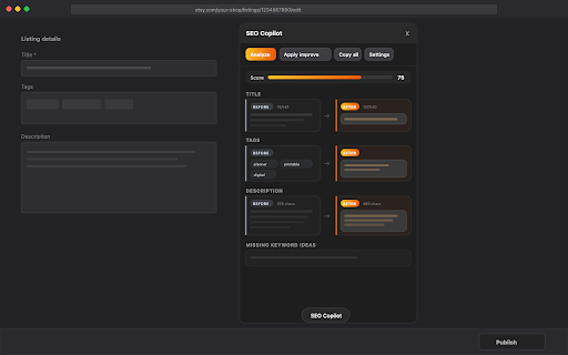 Etsy Listing SEO Copilot :: AI-powered SEO for Etsy listings: optimize title, tags, and description with Gemini or OpenAI—directly on the listing editor.