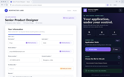 Zacancy Copilot :: Apply faster. Answer once. Fill job applications using your approved Zacancy information while you stay in control.