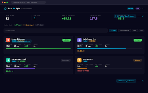 Beat the Spin - Daily Rewards Tracker :: Track daily login bonuses and free rewards across your favorite sites. Get reminders when bonuses reset so you never miss one.