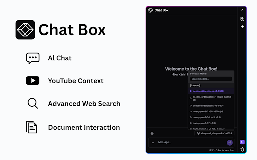 Chat Box: Chat with all AI models (DeepSeek, Cerebras, Ollama, etc.) :: AI chat, advanced web search, document interaction, and more into a convenient sidebar.