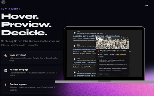 Glance — AI Search Previews :: Hover any search result for an instant AI summary. No clicking. No switching tabs. Just hover.