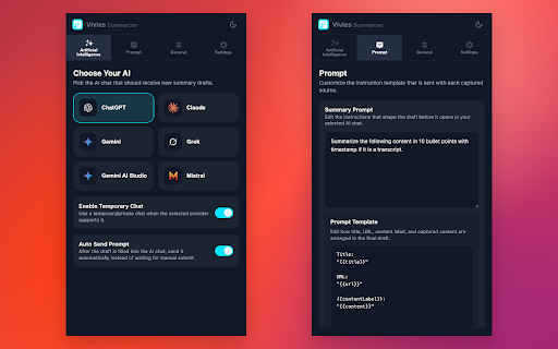 Vivies Summarizer :: Summarize articles, posts, and YouTube transcripts into your selected AI chat.