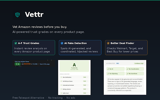 Vettr: Fake Review Detector for Amazon :: Vet Amazon reviews before you buy. AI-powered trust grades A-F on every product page. Free Fakespot alternative.