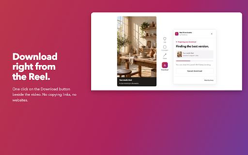 Reel Downloader – Video, Reels & Photo Downloader for Instagram :: Reel downloader for Instagram: Reels with sound, photos as JPG, every carousel slide. Button next to Share. No sign-up, no limits.