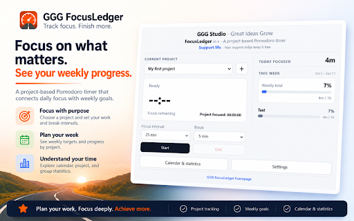 GGG FocusLedger :: Pomodoro focus timer for projects, with flexible work intervals, breaks, calendar statistics, and cross-device sync.