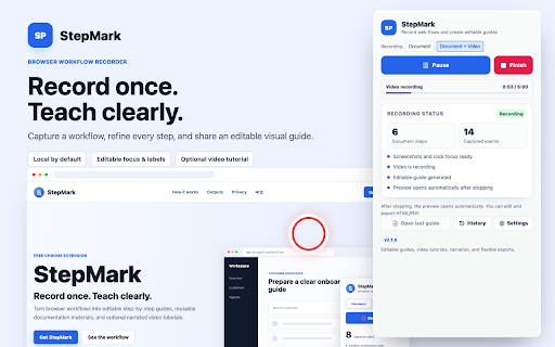 StepMark :: Turn browser workflows into editable guides and narrated video tutorials.