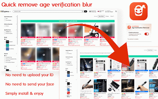 Aliexpress Age Verification Remover :: Removes blur, hides the safety modal, and makes the whole product card clickable on AliExpress search pages.
