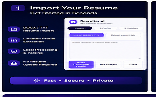 Recruiter.ai :: Resume-first job matching with exact job cards, match score, ghost-job warning, and workplace links.