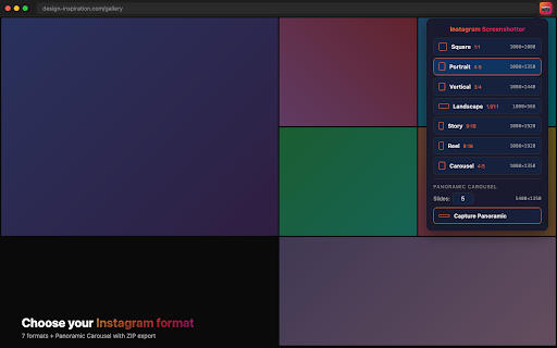 Instagram Screenshotter :: Capture screenshots in exact Instagram dimensions: Feed, Story, Reel, Carousel and Panoramic Carousel with ZIP export.