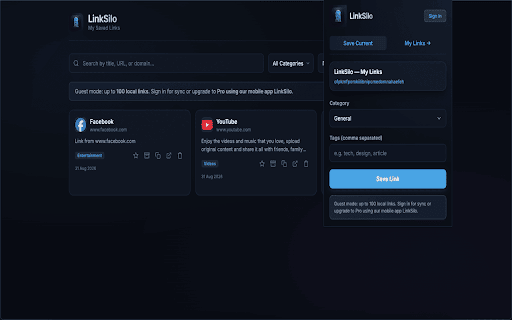 LinkSilo :: Save any page or link in one click and sync with the LinkSilo Android app. A bookmark manager to read later and watch later.